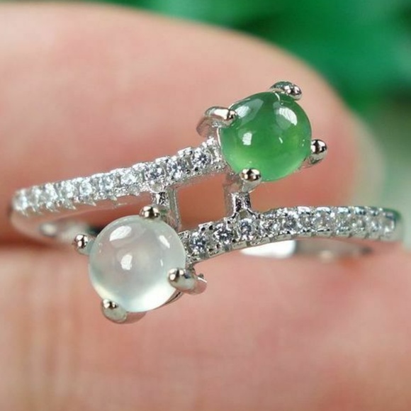 Certified Green+Icy white 100% Natural A jadeite jade Ring S925 silver（Free Size - Picture 1 of 14